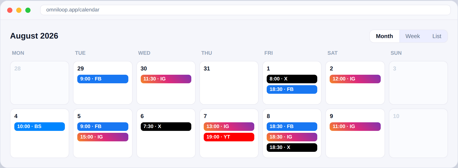OmniLoop content calendar with colour-coded posts per network