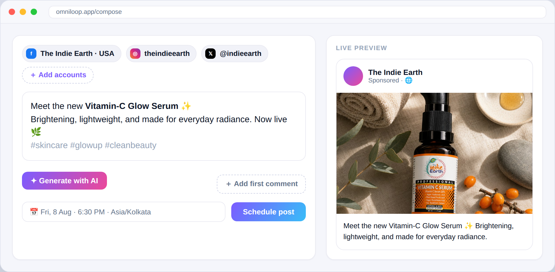 OmniLoop composer — pick accounts, write with AI, and schedule from one screen