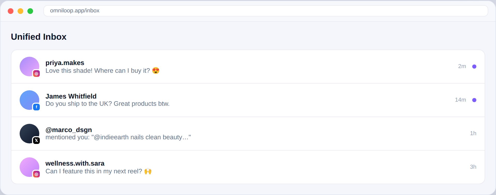 OmniLoop unified inbox across Instagram, Facebook and X